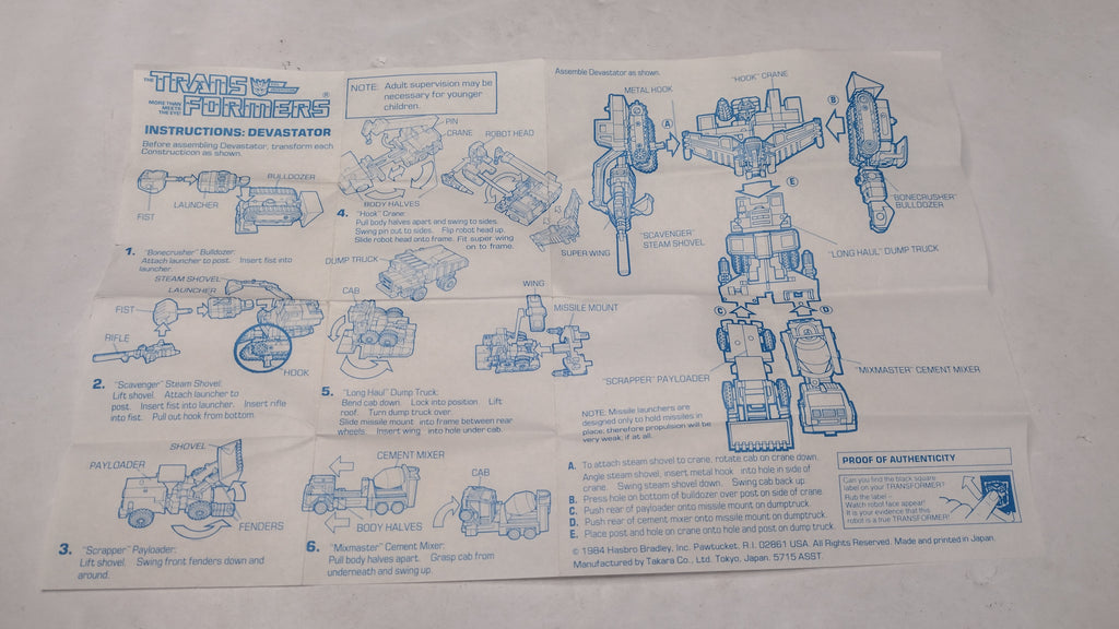 Vintage Original G1 Transformers Devastator Combiner Instructions