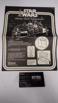 A vintage Star Wars Imperial Troop Transporter instruction booklet and a matching black retro card, displayed on a light gray background.