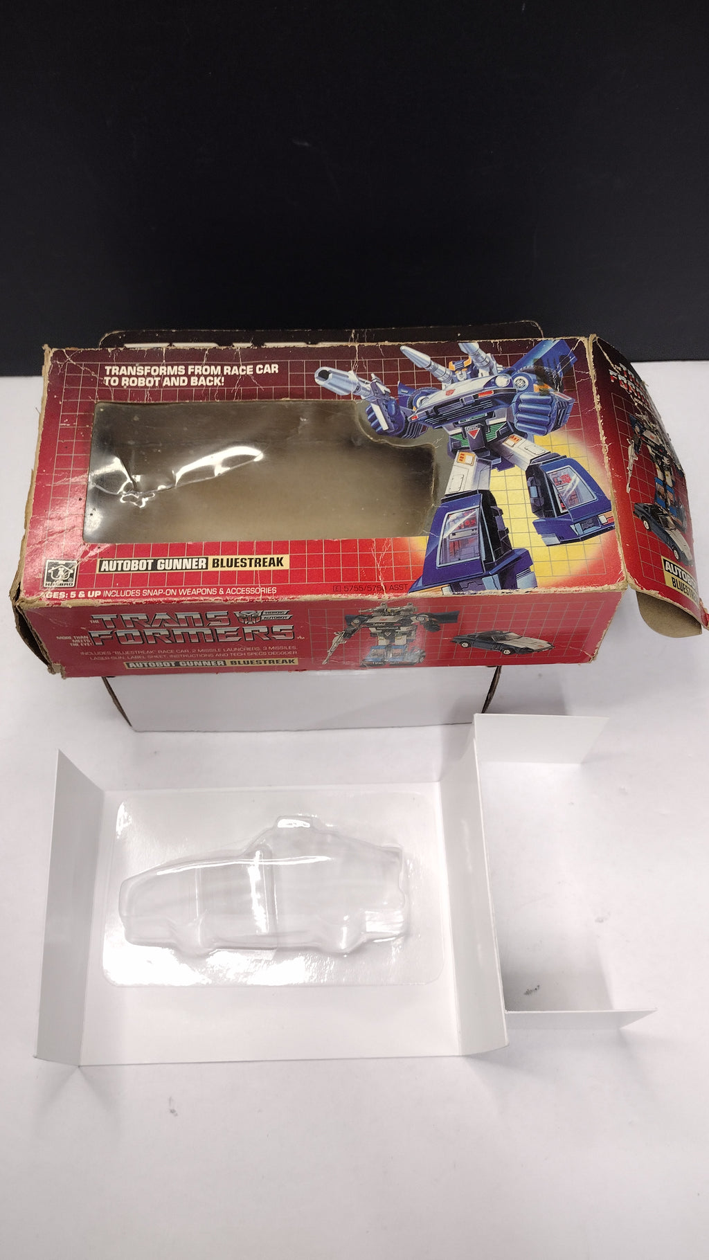 1984 Vintage Original G1 Transformers Bluestreak Box with Reissue Inner Bubble (Hasbro - Packaging Only / Heavy Box Wear)