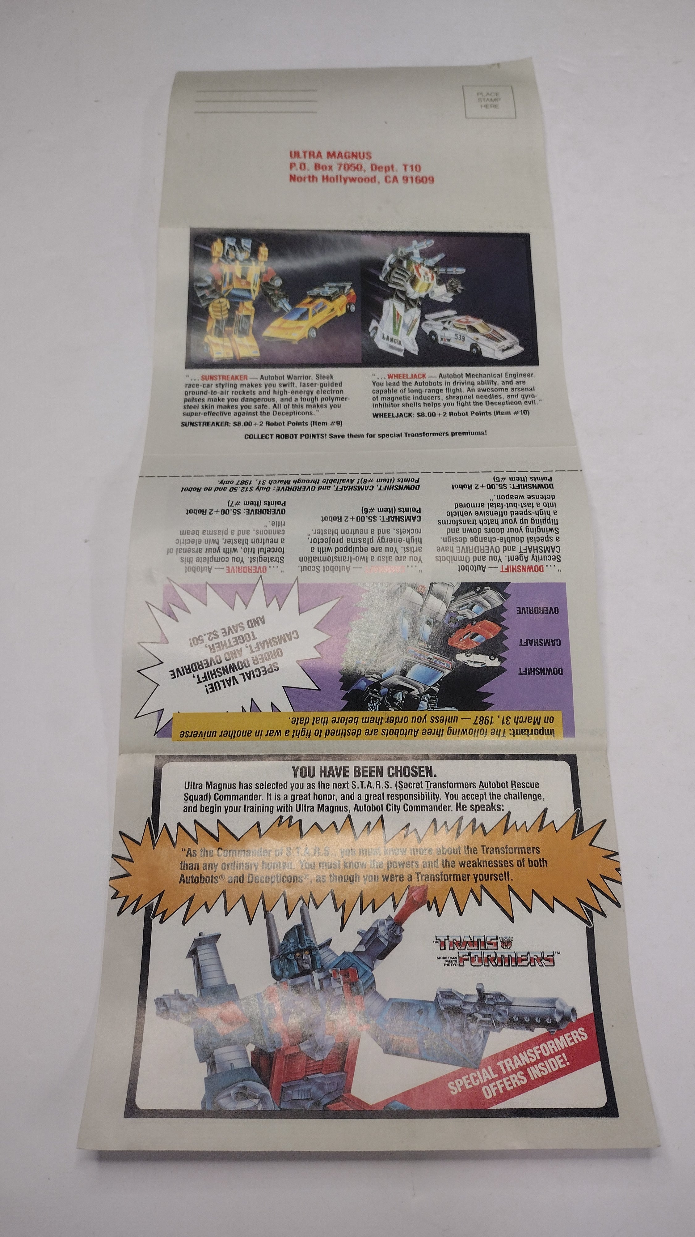 Vintage 1986 G1 Transformers S.T.A.R.S. Membership Offer Insert "You Have Been Chosen"