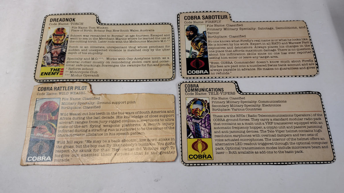 Vintage GI Joe Cobra File Cards (Lot A) Firefly, Torch, Wild Weasel, Tele-Viper