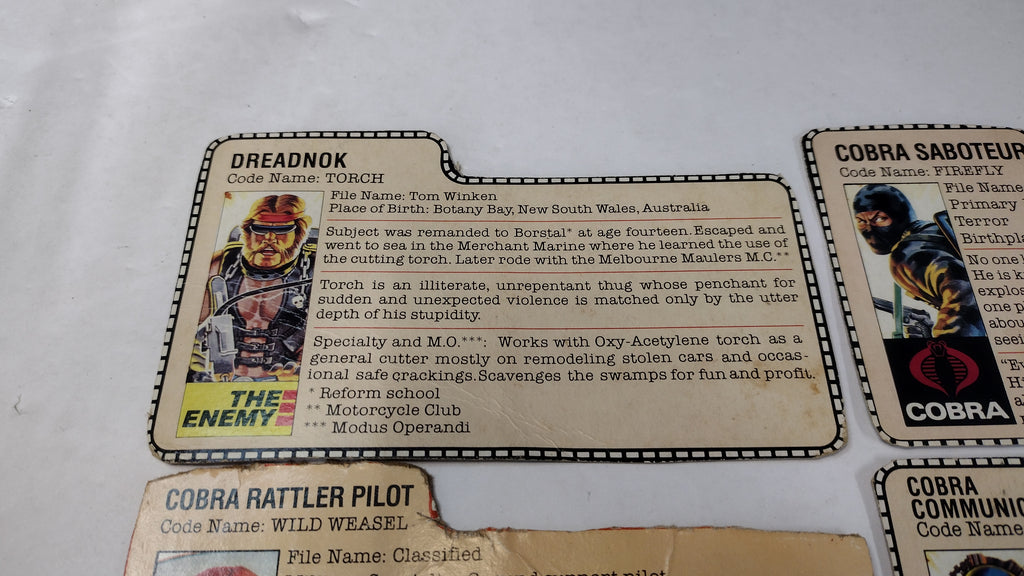 Vintage GI Joe Cobra File Cards (Lot A) Firefly, Torch, Wild Weasel, Tele-Viper
