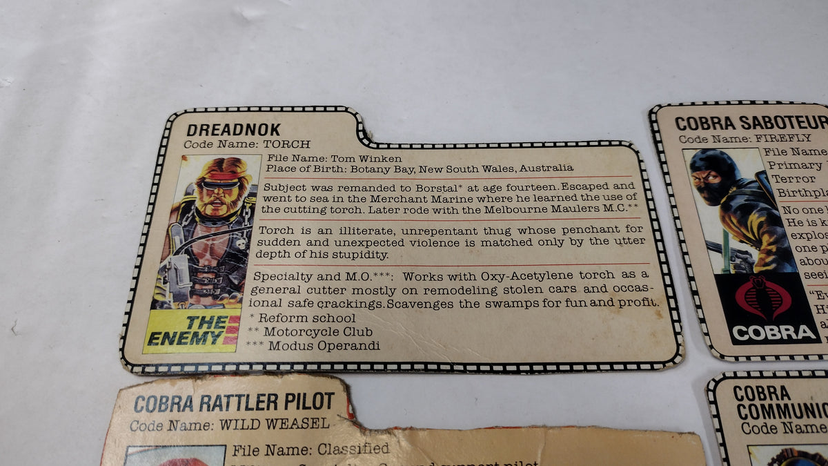 Vintage GI Joe Cobra File Cards (Lot A) Firefly, Torch, Wild Weasel, Tele-Viper