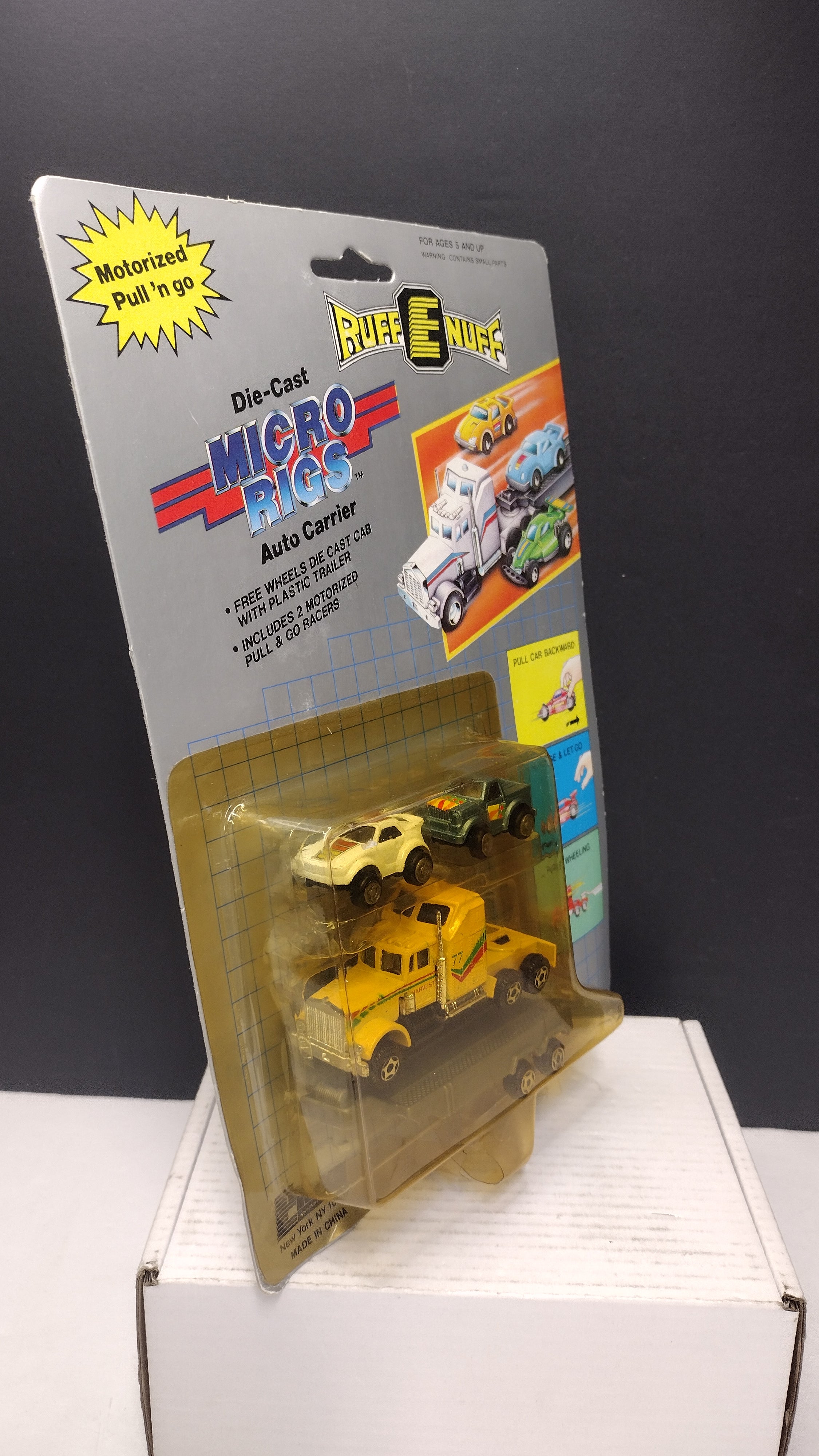 Vintage Ruff-E-Nuff Die-Cast Micro Rigs Auto Carrier (P.J. Toys - Sealed on Card / Yellowed & Damaged Blister Bubble)