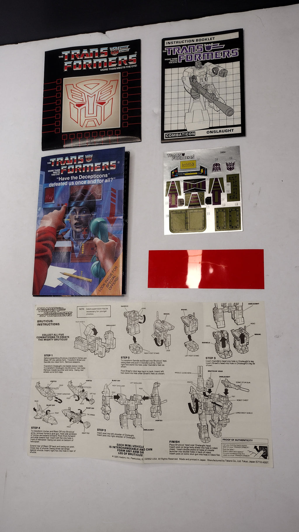 Vintage Original G1 Transformers Bruticus & Onslaught Instruction Booklets, Decal Sheet, Inserts & Red Decoder Reader Lot