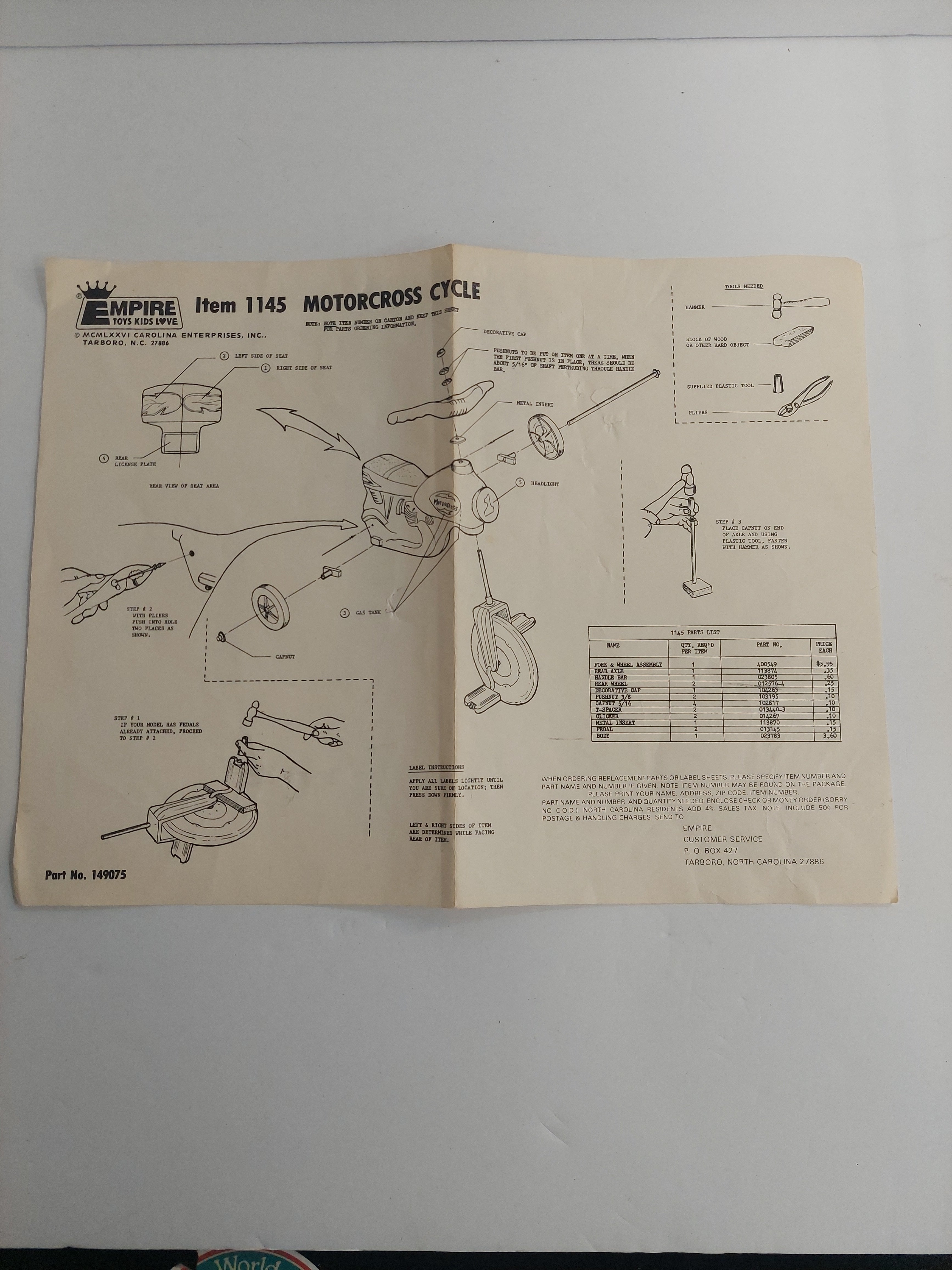 Vintage Empire Toys Item 1145 Motorcross Cycle Instruction Sheet