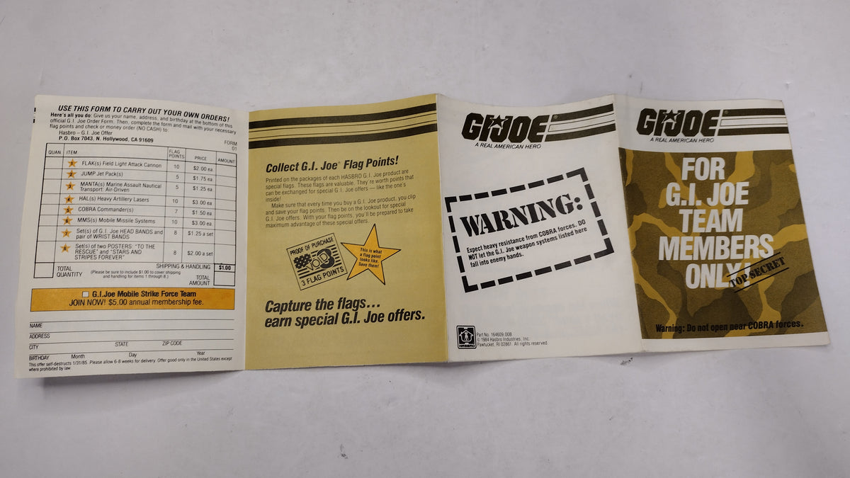 G.I. Joe 1984 Flag Points Mail In Order Form Insert Vintage Hasbro