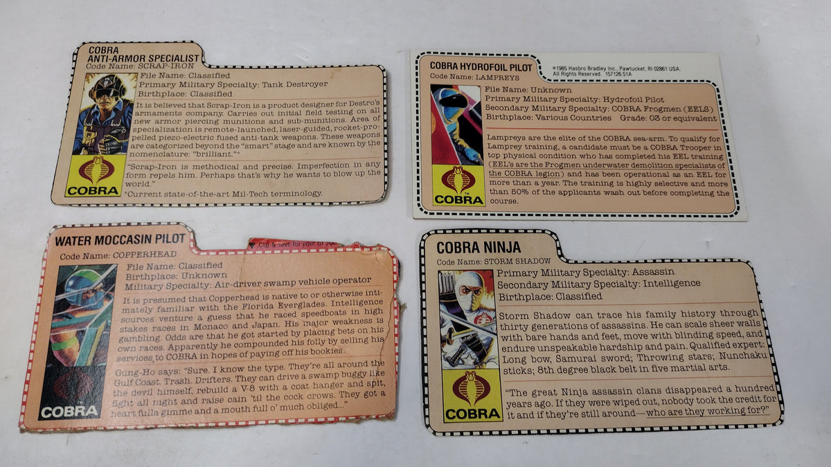 GI Joe Cobra File Cards Lot B Storm Shadow Copperhead Scrap-Iron Lampreys