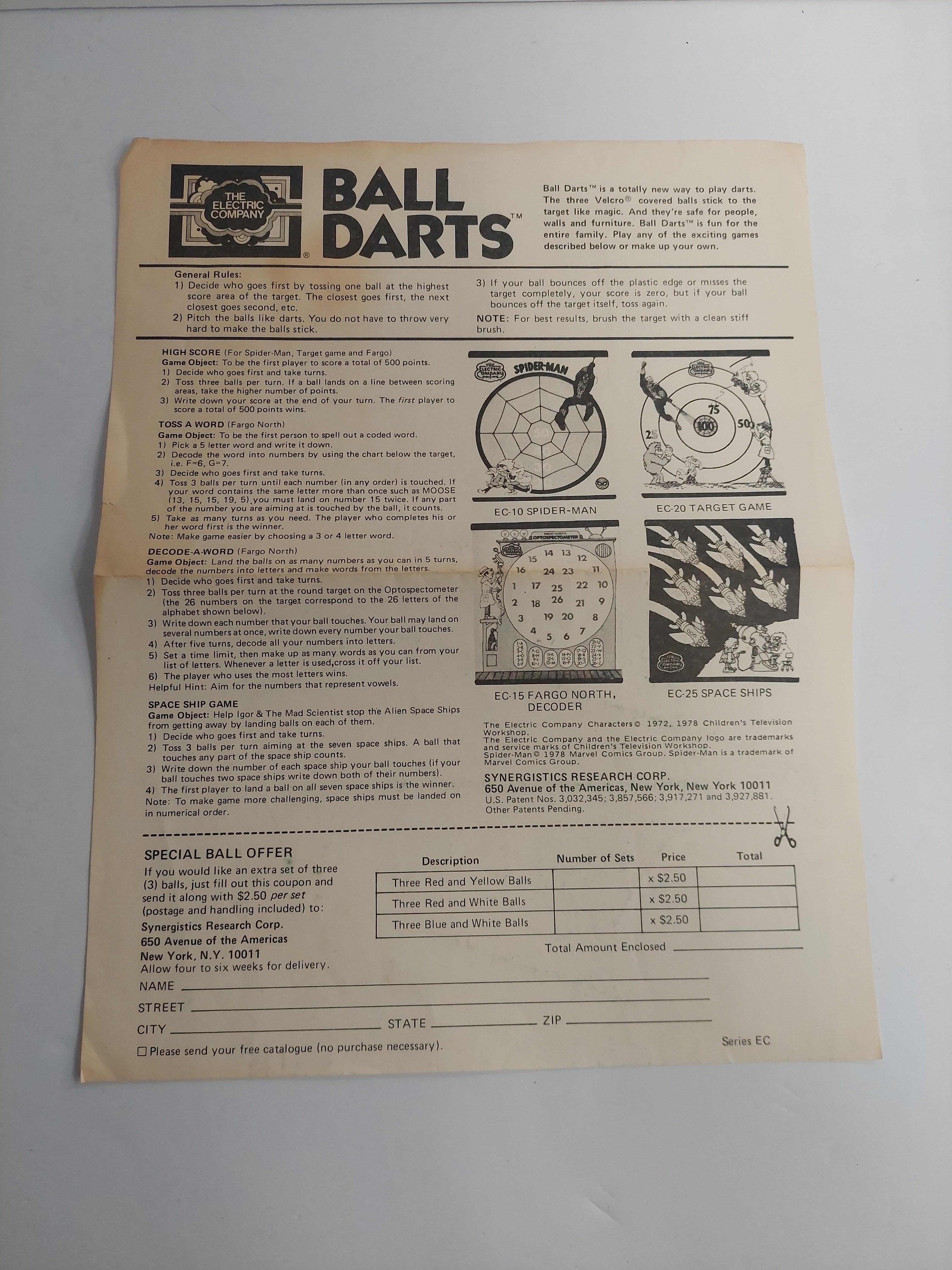 Vintage 1978 The Electric Company Ball Darts Instruction Sheet
