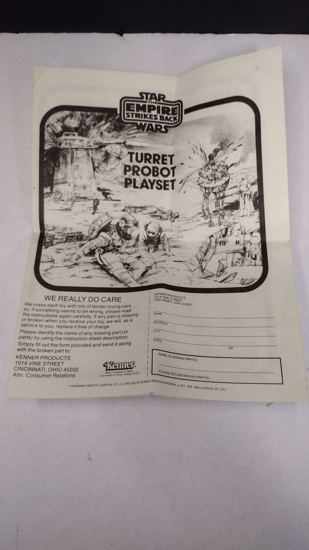 Star Wars Turret Playset instruction booklet or card from 1983, featuring black and white illustrations of turrets and assembly instructions on aged off-white paper.