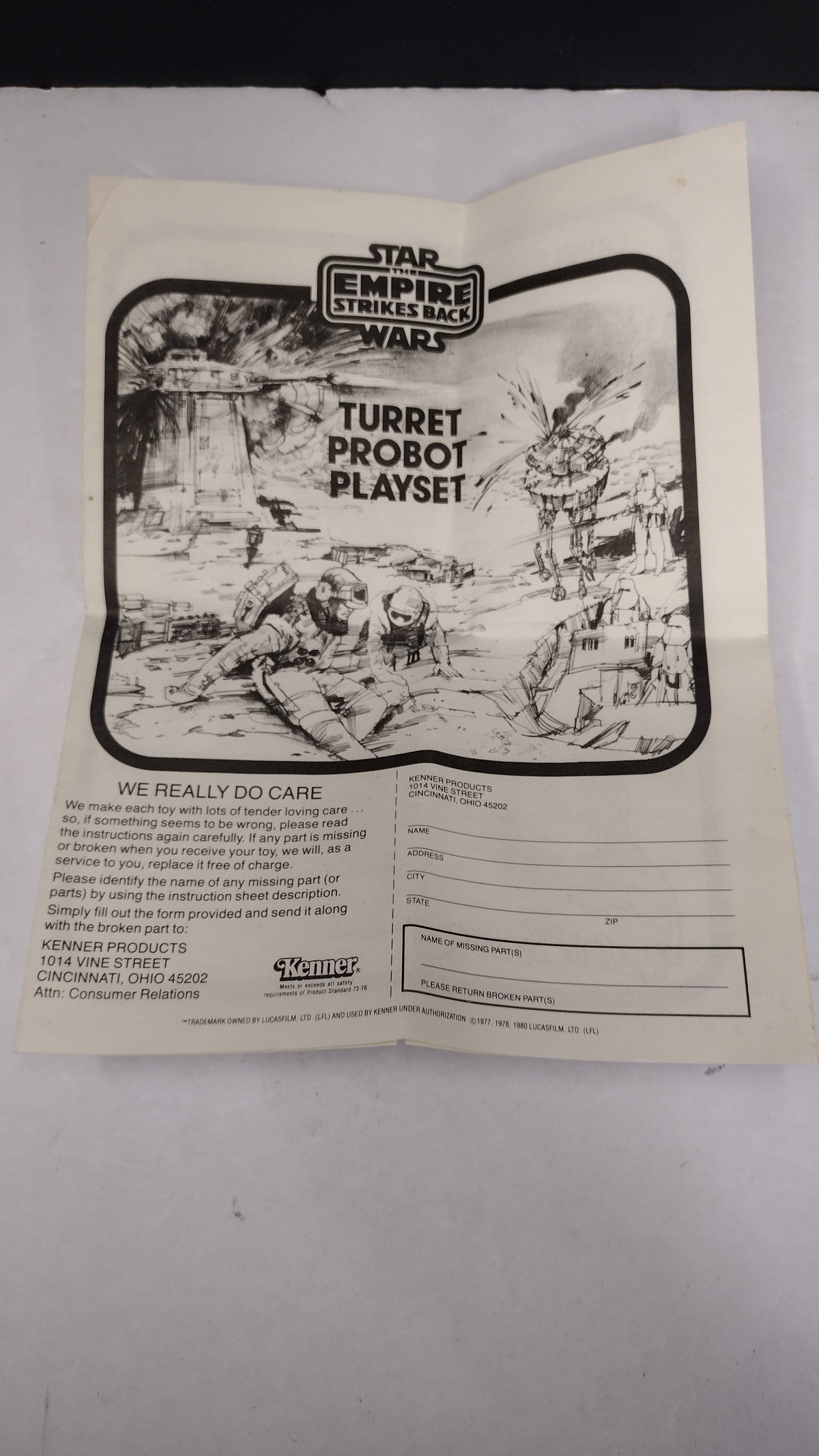 Star Wars Turret Playset instruction booklet or card from 1983, featuring black and white illustrations of turrets and assembly instructions on aged off-white paper.