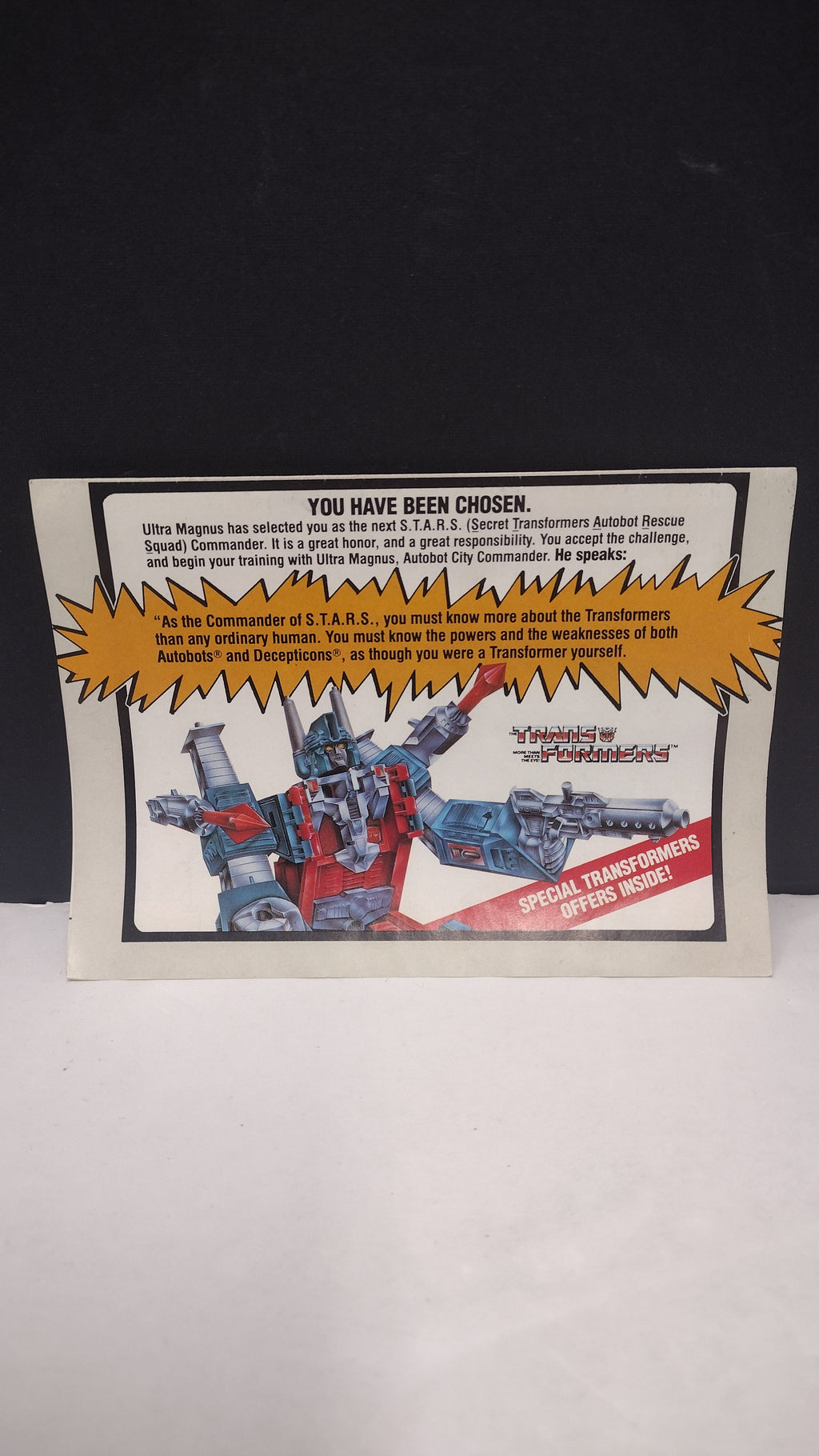 Vintage 1986 G1 Transformers S.T.A.R.S. Membership Offer Insert "You Have Been Chosen"