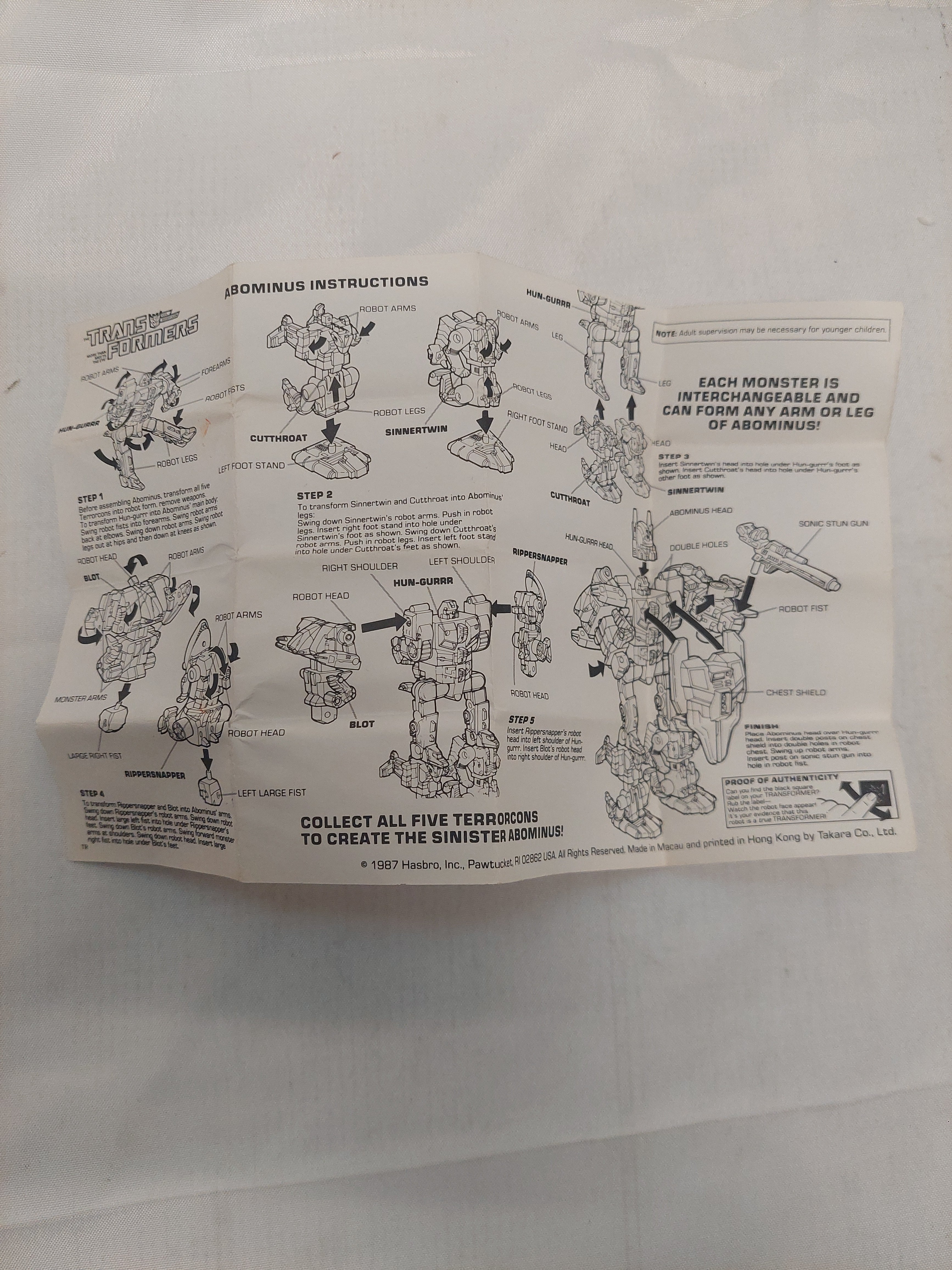 Vintage 1987 Transformers Abominus Instructions Sheet