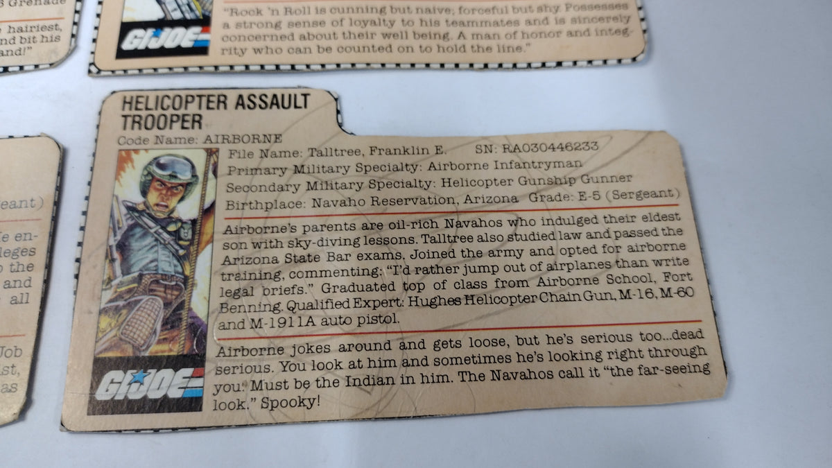 Vintage GI Joe File Cards (Lot C) Gung-Ho, Rock N Roll, Snow Job, Airborne
