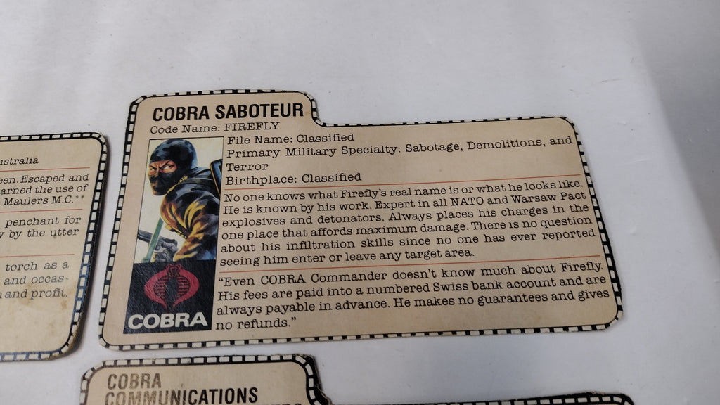 Vintage GI Joe Cobra File Cards (Lot A) Firefly, Torch, Wild Weasel, Tele-Viper