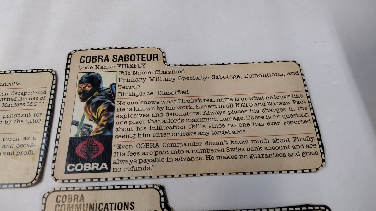 Vintage GI Joe Cobra File Cards (Lot A) Firefly, Torch, Wild Weasel, Tele-Viper