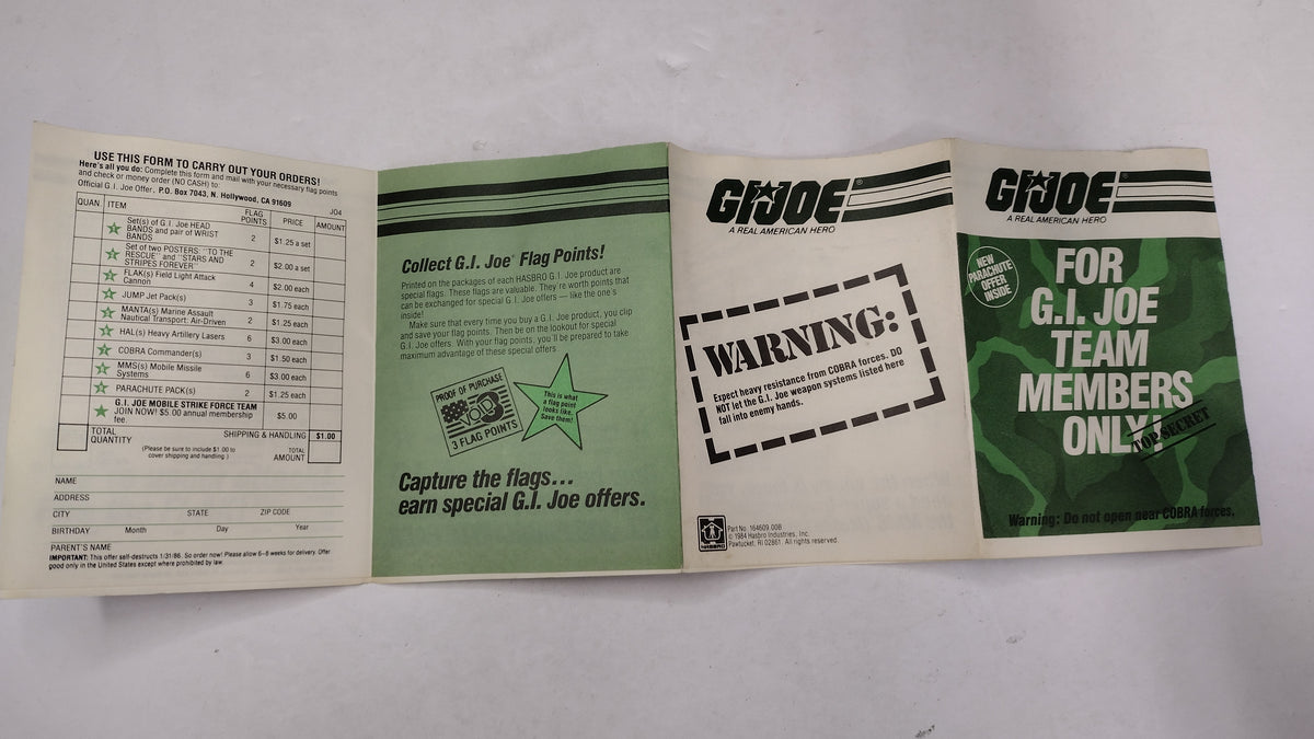 G.I. Joe 1984 Flag Points Order Form Parachute Offer Vintage Paperwork