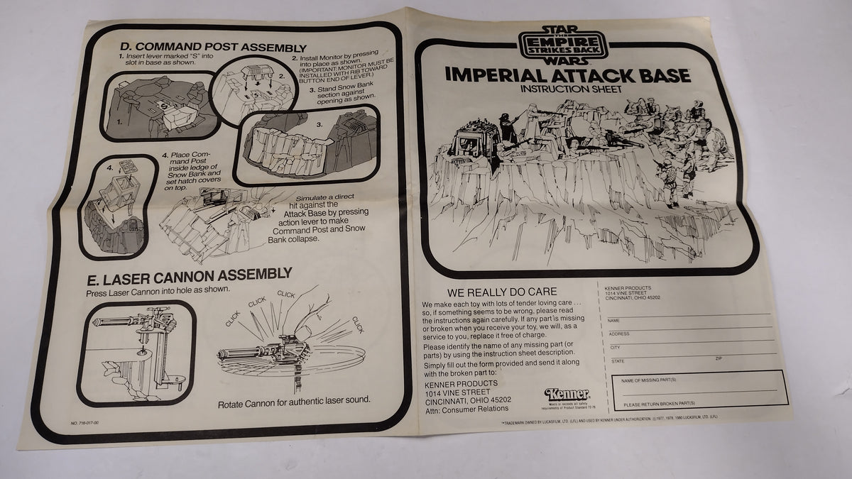 Vintage 1980 Kenner Star Wars Empire Strikes Back-Imperial Attack Base Instruction Sheet