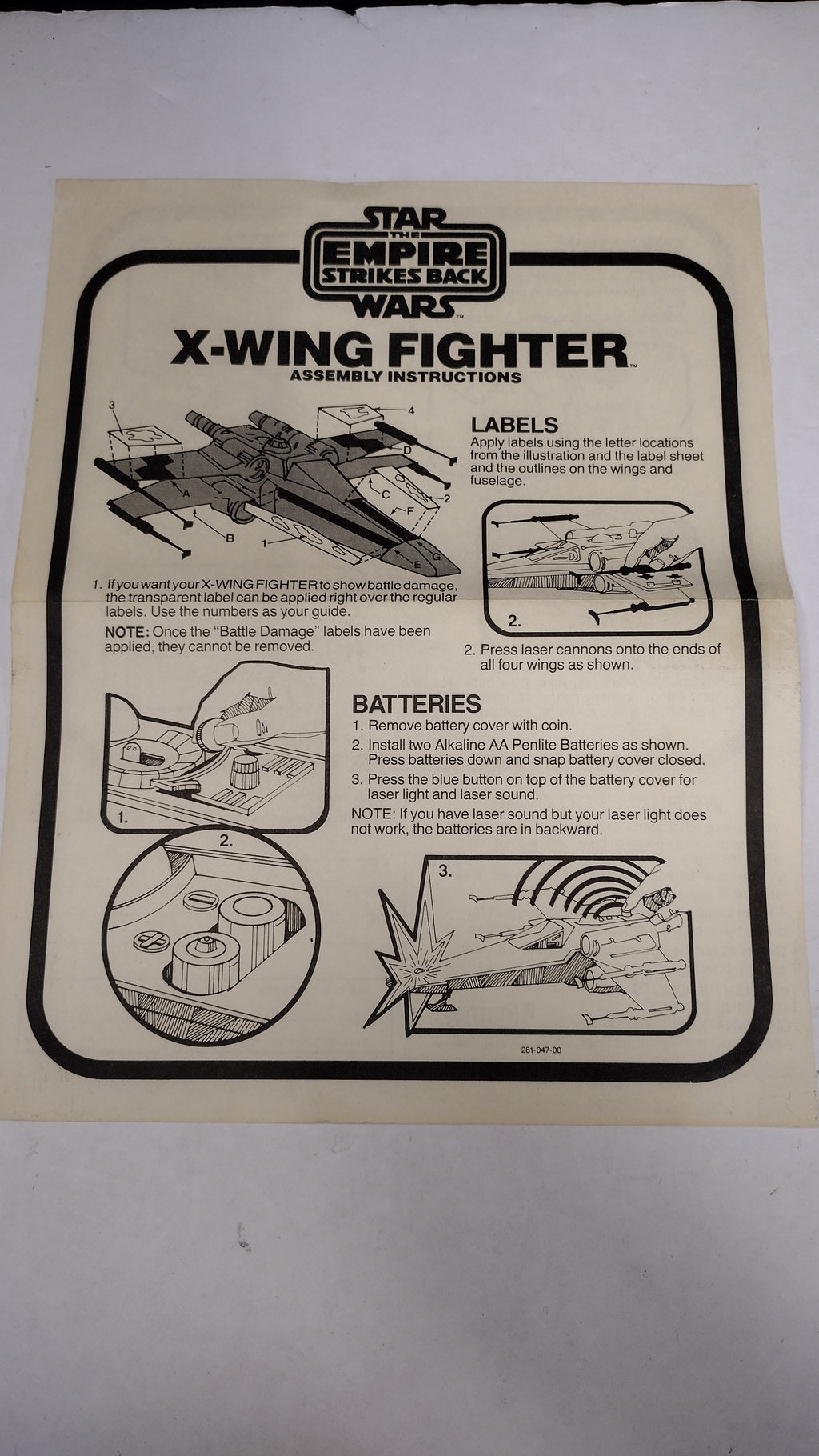 Vintage 1981 Kenner Star Wars - Battle Damaged X-Wing Fighter Instructions
