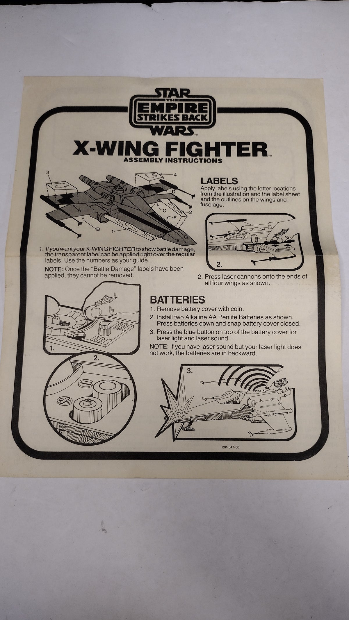 Vintage 1981 Kenner Star Wars - Battle Damaged X-Wing Fighter Instructions