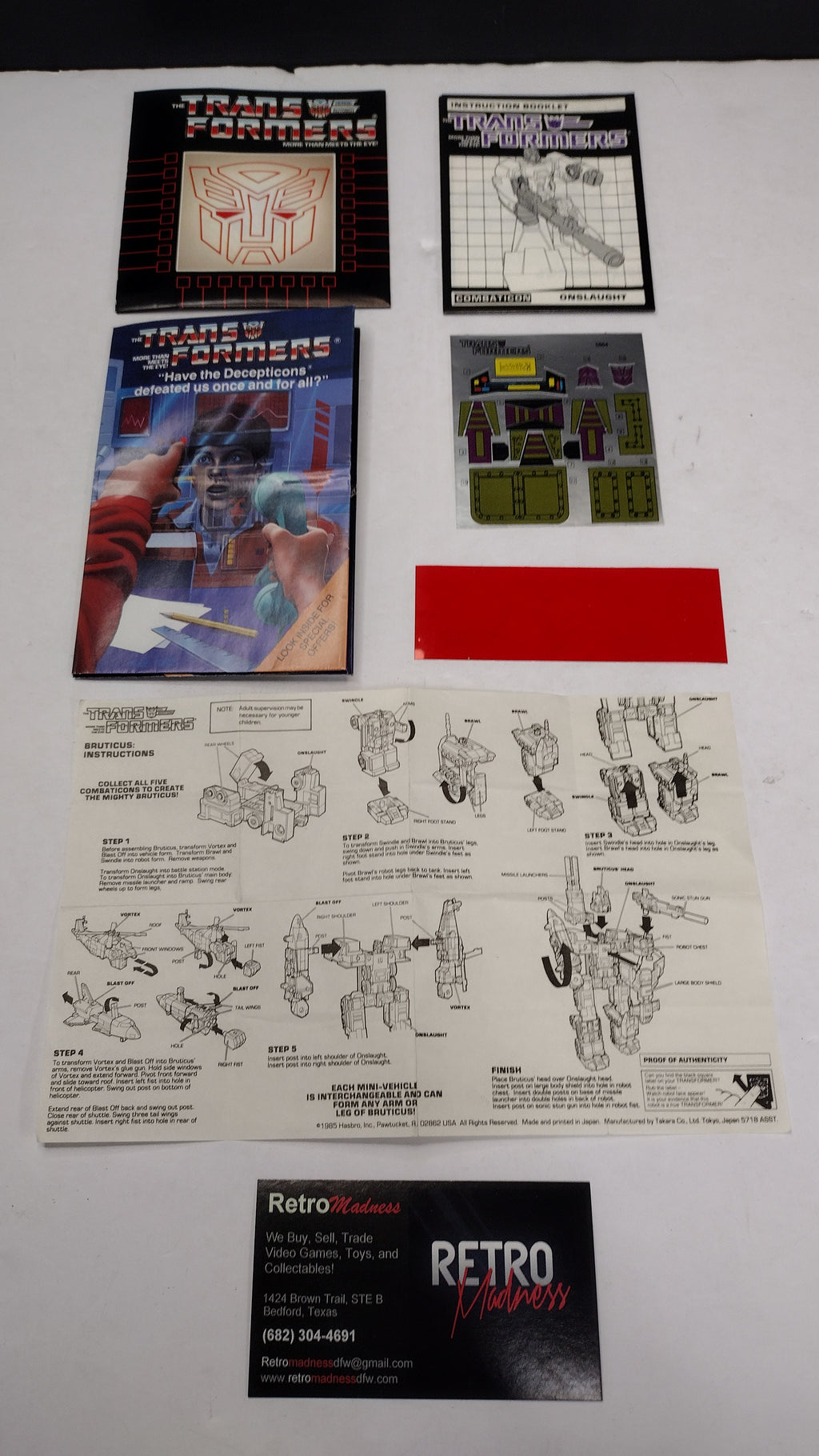 Vintage Original G1 Transformers Bruticus & Onslaught Instruction Booklets, Decal Sheet, Inserts & Red Decoder Reader Lot