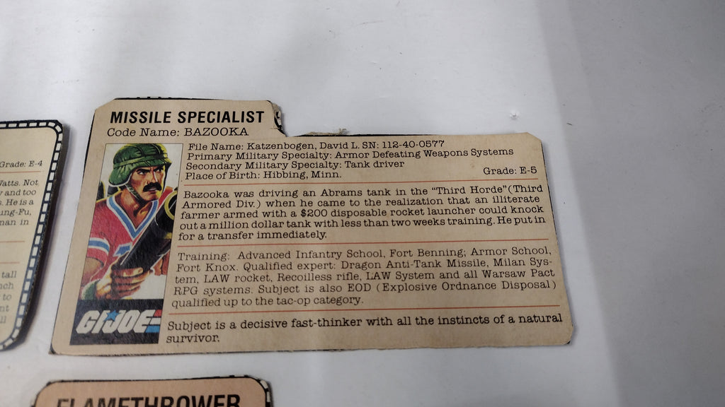 Vintage GI Joe File Cards (Lot D) Quick Kick, Bazooka, Blowtorch, Cutter
