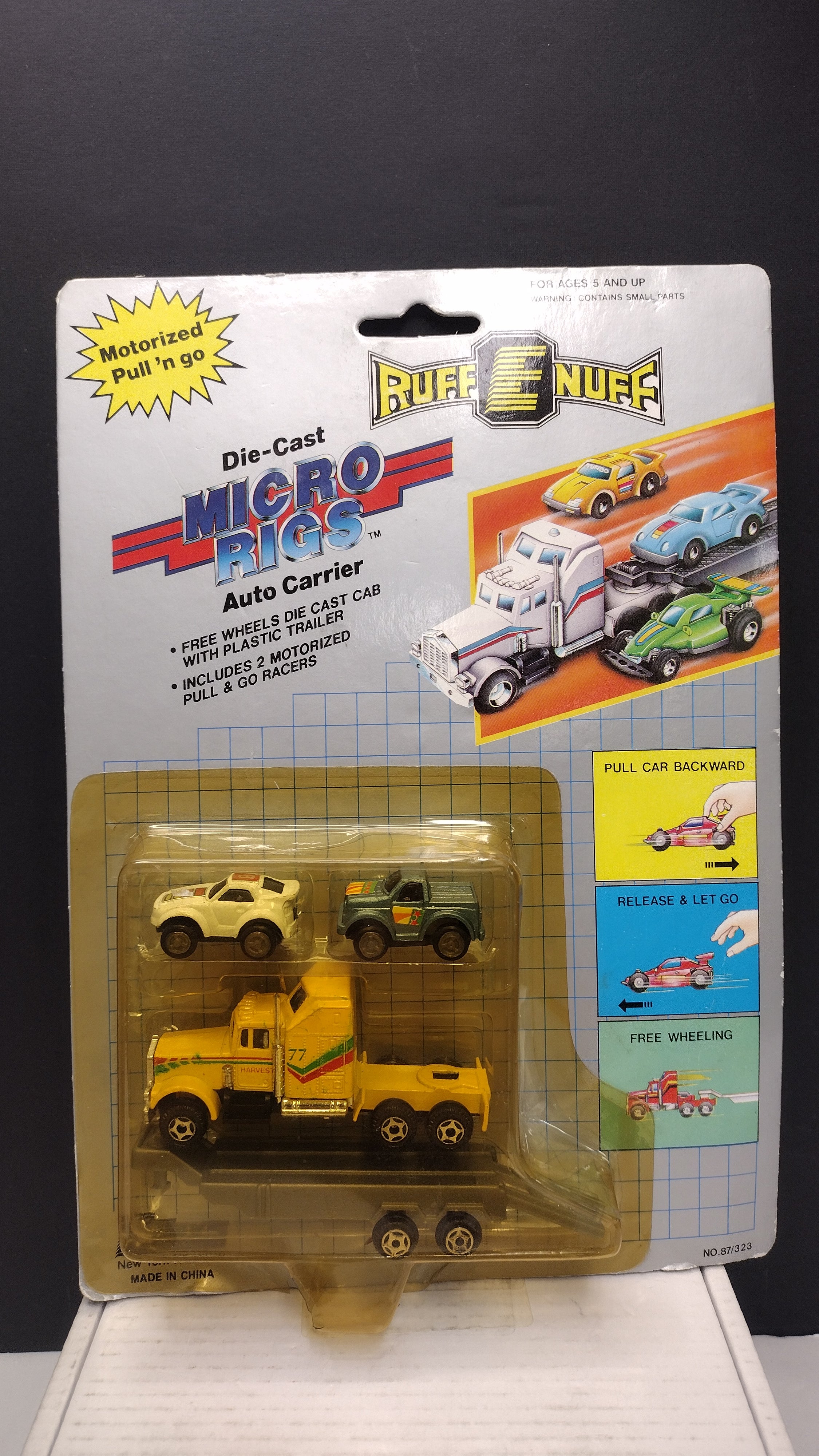Vintage Ruff-E-Nuff Die-Cast Micro Rigs Auto Carrier (P.J. Toys - Sealed on Card / Yellowed & Damaged Blister Bubble)