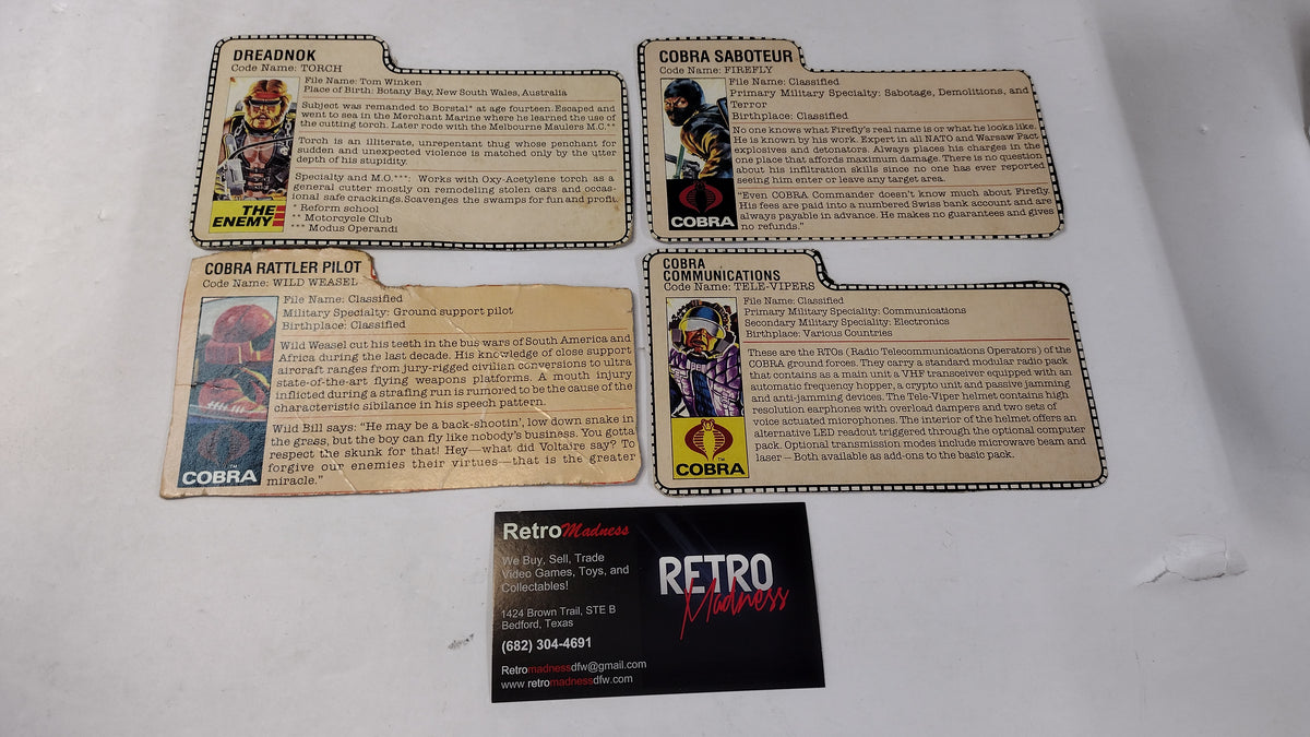 Vintage GI Joe Cobra File Cards (Lot A) Firefly, Torch, Wild Weasel, Tele-Viper