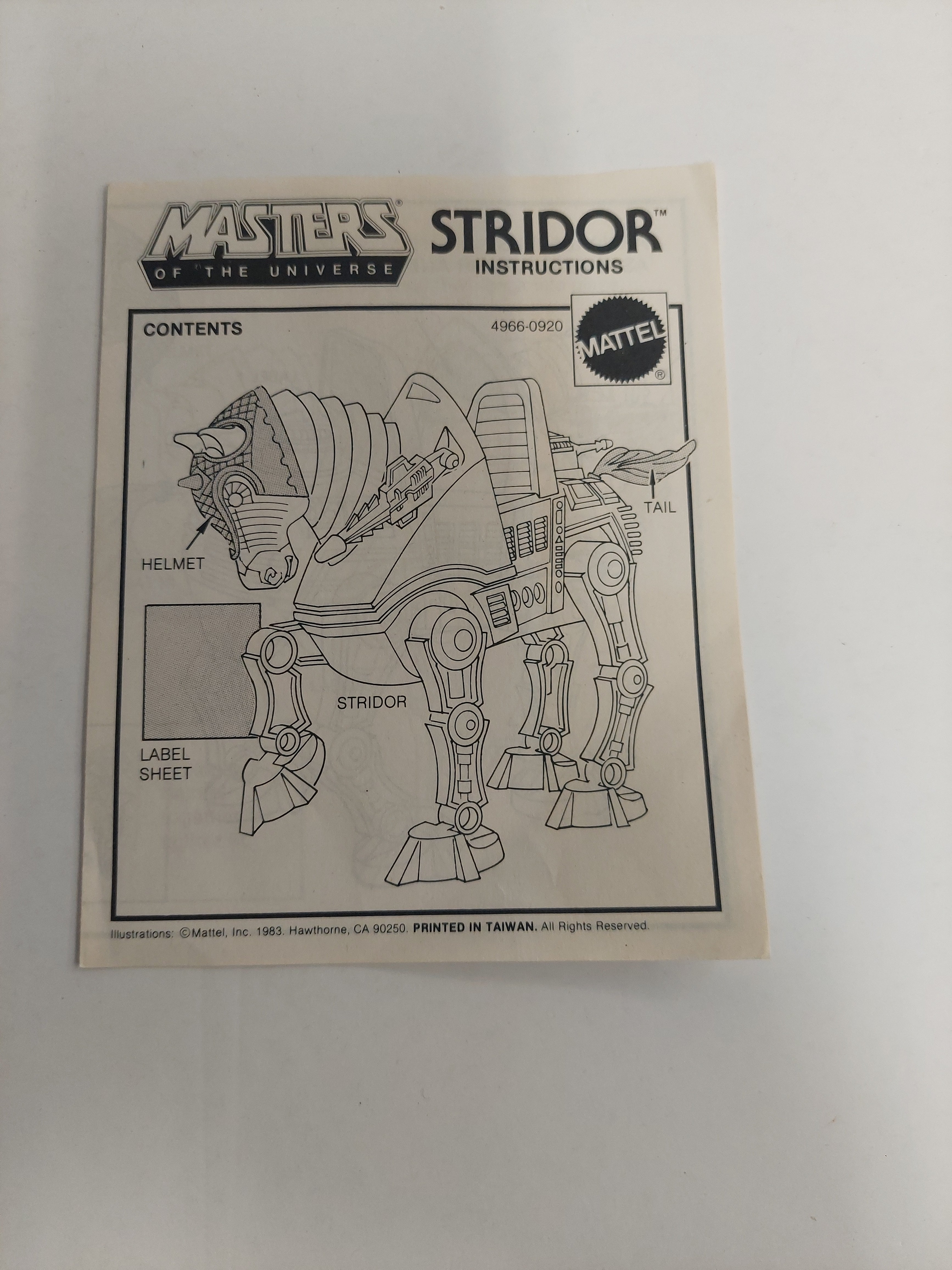 Vintage 1983 Masters of the Universe Stridor Instructions