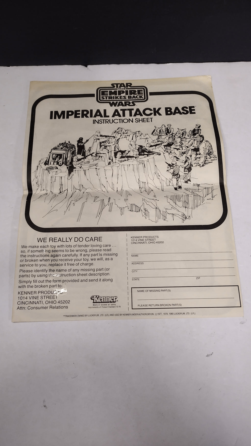 Vintage 1980 Kenner Star Wars Empire Strikes Back-Imperial Attack Base Instruction Sheet