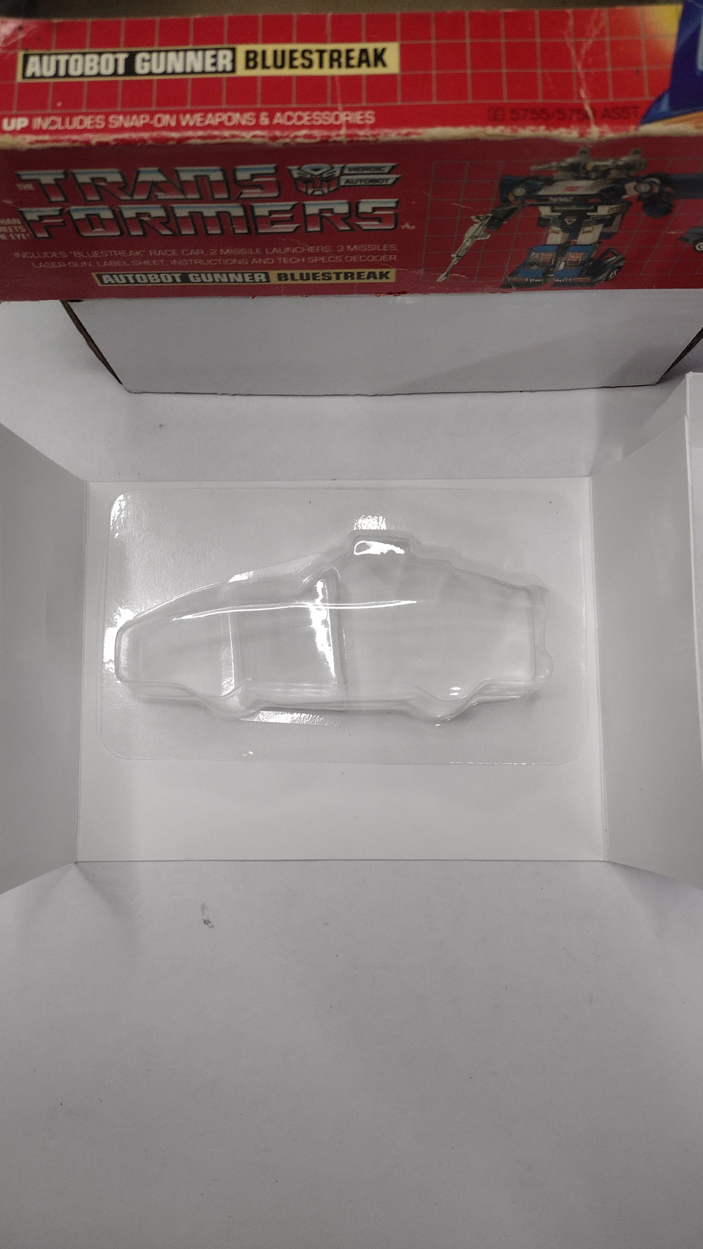 1984 Vintage Original G1 Transformers Bluestreak Box with Reissue Inner Bubble (Hasbro - Packaging Only / Heavy Box Wear)