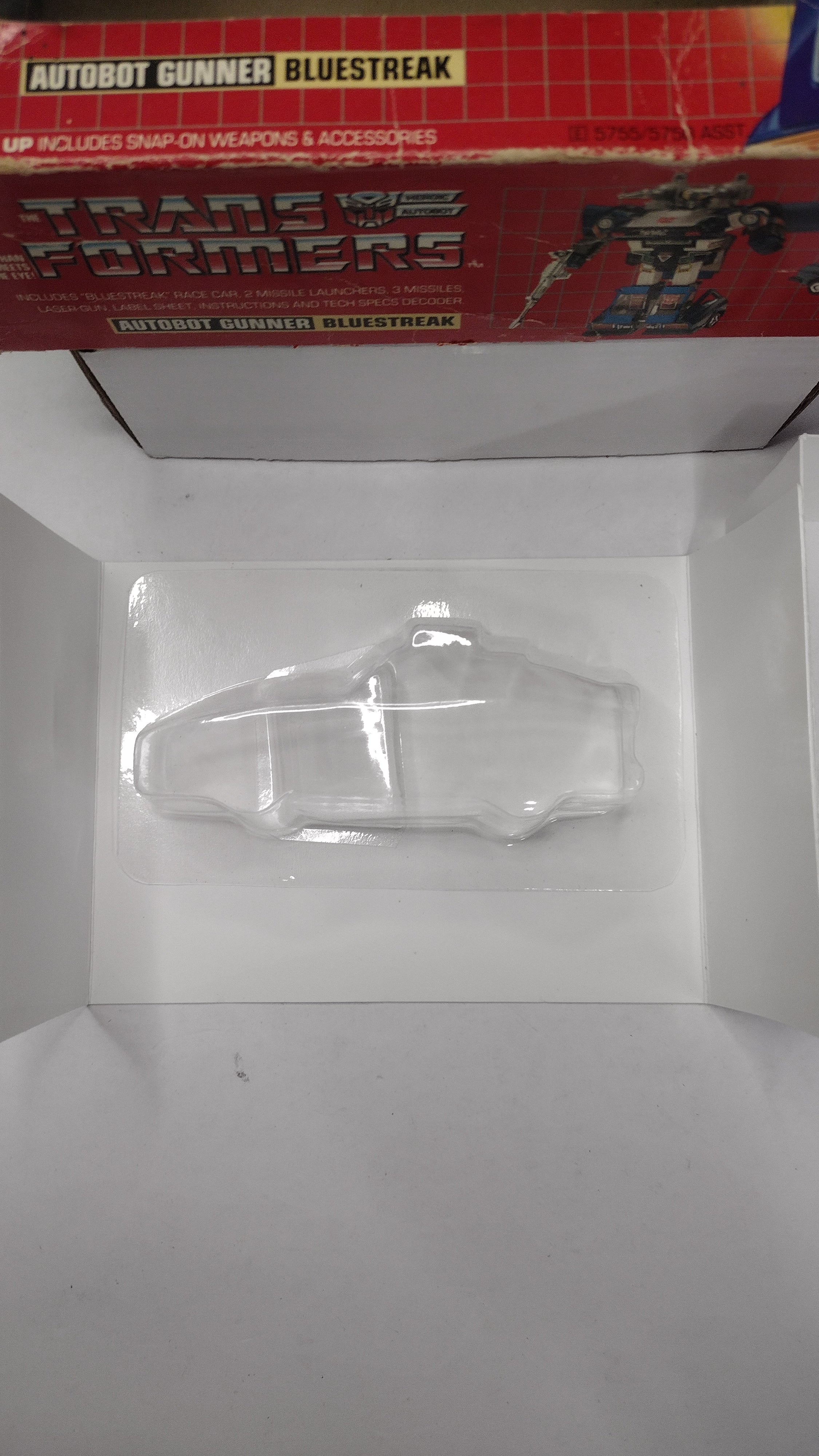 1984 Vintage Original G1 Transformers Bluestreak Box with Reissue Inner Bubble (Hasbro - Packaging Only / Heavy Box Wear)
